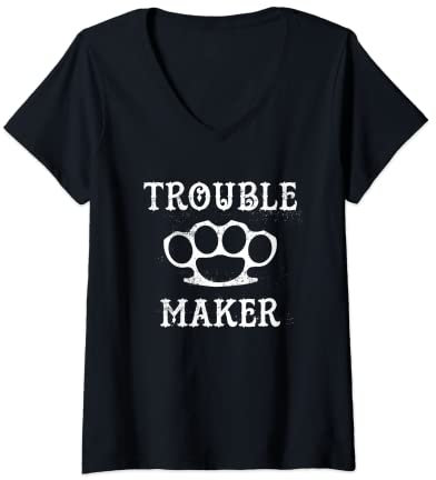 Womens Trouble Maker Brass Knuckles V-Neck T-Shirt