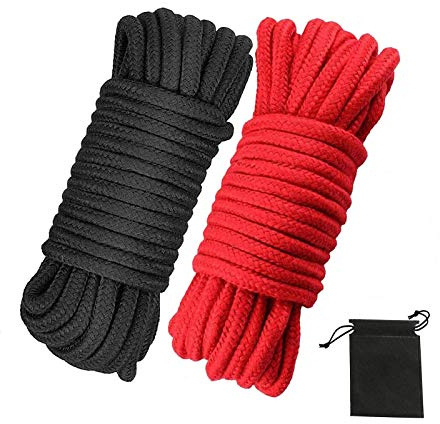 picoggo Soft Cotton Rope, 32 feet / 10m Rope, 8mm Thick, Soft Rope, Long Rope, Soft Tying Rope (Black+Red+Bag)