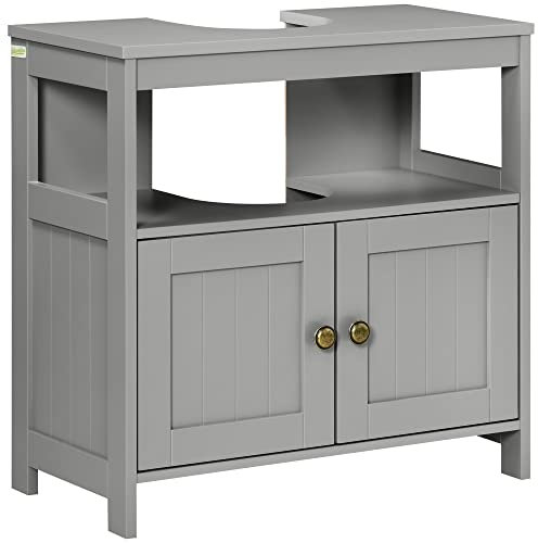 kleankin Mueble de lavabo con puertas dobles, mueble de baño moderno con estantes, color gris claro