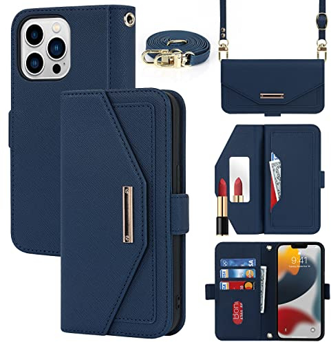 Cavor Case compatible with iPhone 13 Pro Max Phone Case With Strap,Crossbody Flip Leather Wallet Case,[5 Card Holder][Mirror][Magnetic],Lanyard Case Cover for women - Blue