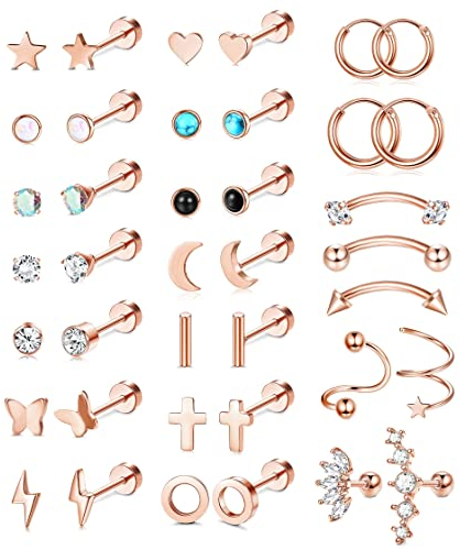 Kakonia 316L Stainless Steel Flat Back Earrings for Women Tiny Cartilage Stud Earrings Set CZ Butterfly Heart Cross Opal Star Moon Lightning Bolt Geometric Flat Back Stud Earrings Piercing Jewellery