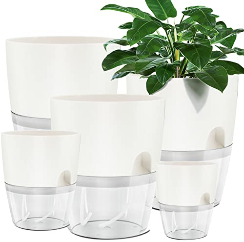 Muzhira Blumentopf Plastik, 5 stücke 15.3cm/10.5cm/8.2cm Kräutertopf mit Selbstbewässerung und Wasserspeicher, Moderne Pflanztopf für Zimmerpflanzen, Blumen und Kräuter - Weiß