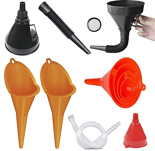 Norhogo 8 Stück Trichtersatz, Einfülltrichter Set, rechtwinkliges flexibles Kunststoff Trichter Set, mit Schlauch & Sieb für den Ölwechsel | Trichter Set für KFZ, Auto, Werkstatt & Haushalt