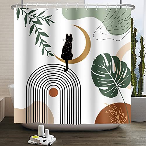 Ttincceer 180x200cm Cortina de Ducha Abstracta Negro Brillante Gato Abstracto Luna Boho Cortina de baño Planta Tropical Palma Monstera Hoja Cortinas de Ducha Impermeable bañera Cortina