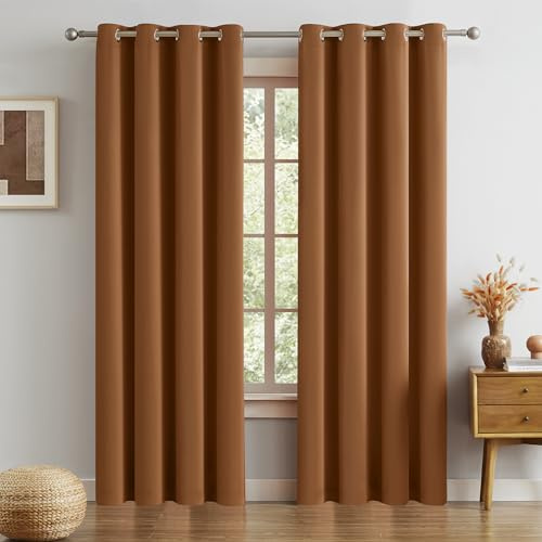DUALIFE Verdunklungsvorhänge, 2 Paneele, 213 cm lang, Karamellbraun/Orange, 70er-Jahrevorhänge für Wohnzimmer, Thermisch isolierte Ösenvorhänge, 132 x 213 cm