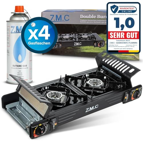 Z.M.C PREMIUM Camping Gaskocher 2-flammig + 4 Gaskartuschen 227g, Campingkocher mit Zündsicherung für Outdoor und Innenraum, Doppelgaskocher mit Piezozündung
