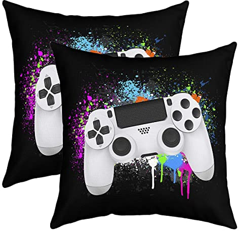 Loussiesd Gamepad Kissenbezüge Sofa Gamer Kissenbezug 50x50cm Weißes Videospiel Gaming Dekokissen Für Schlafzimmer Wohnzimmer Dekor Bunte Krawattenfarbe Kissenhülle Modern Game Controller Sofakissen