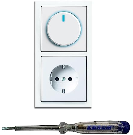 Busch Jäger 6523U-102 LED Drehdimmer Dimmer + Scheibe 6540-84-102 und Steckdose 20EUC-84 in Future Linear Studioweiß glänzend inklusive EBROM Phasenprüfer zur Montage der Geräte (6523 U – 102)