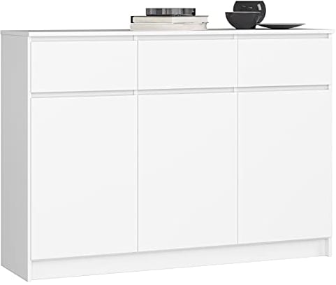 AKORD Kommode K 140 cm | 3 Schubladen und 3 Türen | für Wohnzimmer Schlafzimmer Schrank Arbeitszimmer | Modernes Funktionales Design | Schichtstoffplatte 16mm Farbe Weiß