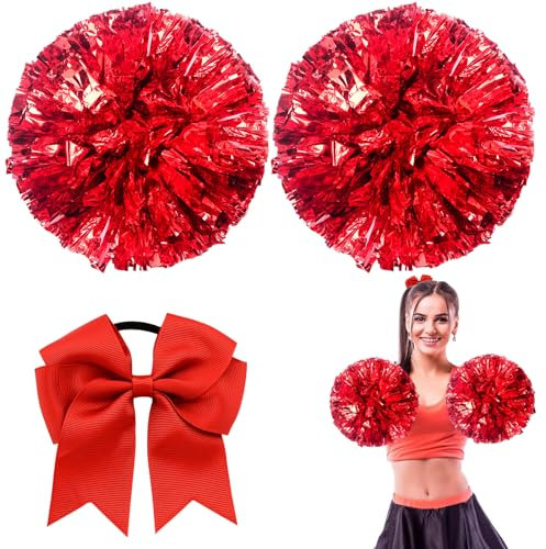 Meanju 3 Stück Cheerleader Pompons, cheerleader Pompons Rot, Sport Pompons Cheers Ball Pompoms, 2 Pompoms + Haarband, Metallfolie Puschel Tanzpuschel für Tanzparty Sport Wettbewerb Team Geist