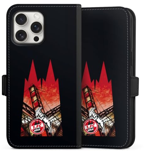 Klapphülle kompatibel mit Apple iPhone 15 Pro Max Handyhülle aus Kunst Leder schwarz Flip Case 1. FC Köln Offizielles Lizenzprodukt Kölner Dom