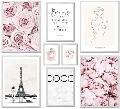ARTFAVES® Poster Set - COCO ROSE - mehrteilige Wanddeko Wohnzimmer & Schlafzimmer - 8 moderne Wandbilder Rose, Fashion, rosa, Glamour, Blumen, Paris - mit Rahmen Weiss