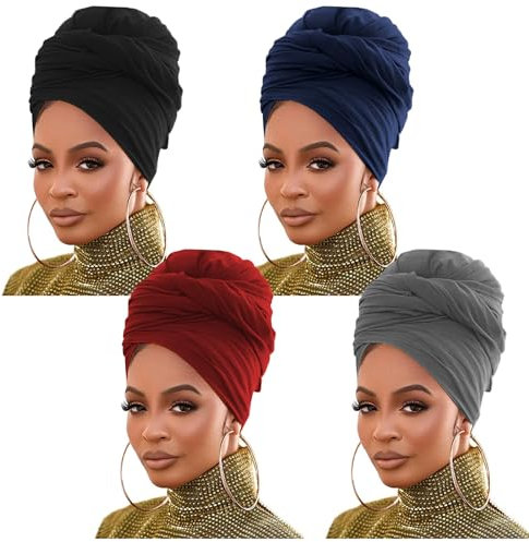 Stretch-Jersey-Turban-Kopfwickel, gestrickt, Kopfwickel, urbaner Haarschal, einfarbig, ultraweich, extra lang, atmungsaktives Kopfband für Damen (Schwarz/Marineblau/Dunkelgrau/Burgunderrot)