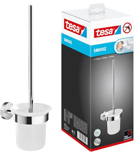tesa SMOOZ WC-Garnitur, satiniertes Glas und verchromter Edelstahl - Toilettenbürsten-Set zur Wandbefestigung ohne Bohren, inkl. Klebelösung - 137 mm x 97 mm x 410 mm