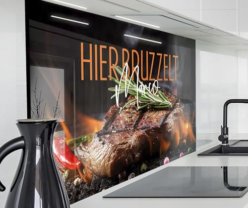 timalo Herd Spritzschutz Wand Spüle, Küche Küchenrückwand Glasoptik | Acryl Glas 2mm | Glasrückwand Acrylglas - personalisiert mit Namen - Rückwandschutz Platte | 120x80cm Grillen, Barbecue, Steak
