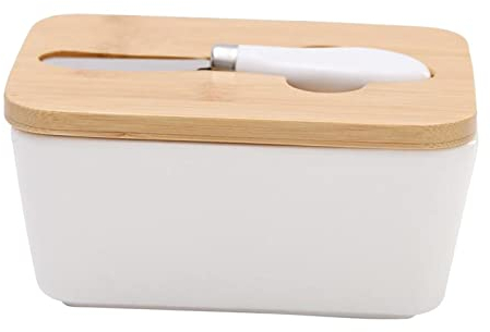 Duiaynke Mantequera con tapa de madera, contenedor de mantequilla para refrigerador (pequeño)