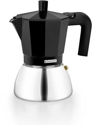 MONIX Induction Inox, Caffettiera Italiana In Alluminio e Acciaio Inox, Capacità 9 Tazze, Manico Termoresistente, Facile da Lavare, Adatta a Tutti i Tipi da Piano Cottura, Incluso a Induzione, Nero