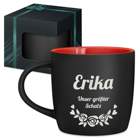 Maverton Keramik Kaffeebecher 400ml mit Gravur - personalisierte Kaffeetasse aus Matt Keramik mit Henkel für Frauen zum Geburtstag zu Weihnachten - Trinkbecher matt schwarz - Innen rot - Schatz