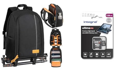 TARION Camera Backpack, Photography Backpack with Large Capacity, Padded Insert, 15'' Laptop & Integral 128GB Micro SD Card 4K Video Premium High Speed Memory Card SDXC Up to 100MB s Read and 50M
