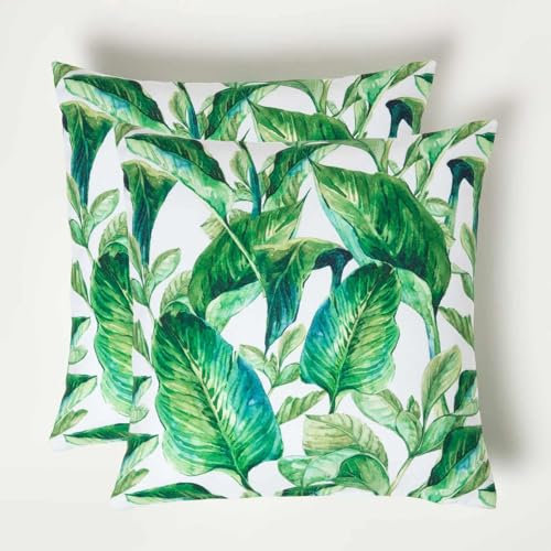 Homescapes 2er-Set Outdoor Kissen Tropische Blätter grün-weiß, Gartenkissen 45x45 cm, Deko-Kissen Tropical für Terrasse & Balkon