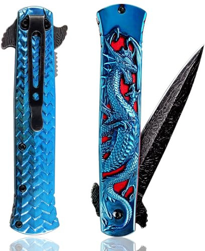Vividstill cool Drache Klappmesser für Männer, cool Klappmesser Taschenmesser mit Titanplattiert 3D Drache, gute Geschenk Edc Messer für Männer Outdoor Überleben Camping (Blau titanplattiert)
