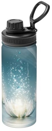 Botella de agua deportiva aislada al vacío con estampado de flores de loto blanco, botella de agua de acero inoxidable de 18 onzas para gimnasio, deportes en casa