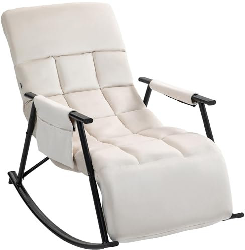 CLP Schaukelstuhl Cathy I Gepolsterter Relaxsessel I Schaukelsessel mit Rückenlehne I Metallgestell mit Armlehnen und Seitentasche, Farbe:Creme, Material:Samt