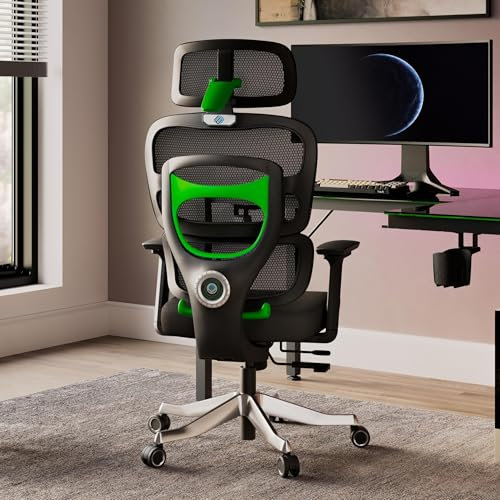 Eureka Axion - Silla de gamer con soporte lumbar ajustable, silla de oficina ergonómica con reposacabezas 4D/reposabrazos de piel sintética 3D, malla transpirable, color negro y verde