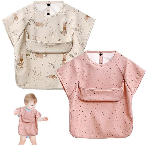 SUNOYA 2er Set Lätzchen Baby, Entwöhnungs-Baby Lätzchen mit Kurzen Ärmeln, Wasserdichte & Hautfreundliche Fütterungs-Lätzchen, Maschinenwaschbar, Ideal für BLW & Entwöhnung