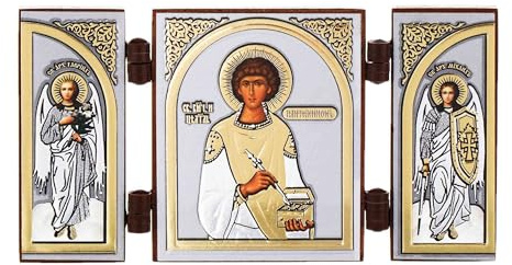 NKlaus Triptychon christliche Ikone Holz, 9,5x5,2x0 Heiliger, 1 Stück | Reisealtar; Pantaleon