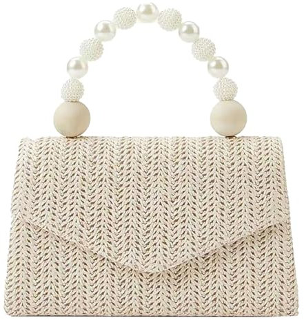 Elegant Straw Evening Bag Women Mini Pearl Top Handle Satchel Style Clutch Handbags Cross Body Chain Strap Tote Purse