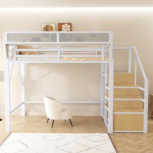 Kebnor Cama alta con escalera de seguridad y compartimento de almacenamiento flexible, cama de metal, cama para adultos, litera infantil, color blanco, 140 x 200 cm