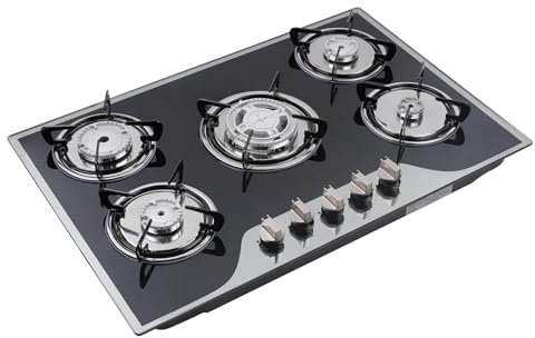 Gas Hobs 5 Burners Gas Cooker Built-in LPG/NG Gass Cooktop for domestic commercial cooking homes restaurants, Toughened Glass Mirrored, Aluminum Stove Head + Enamel Cover + Enamel Frame, Black