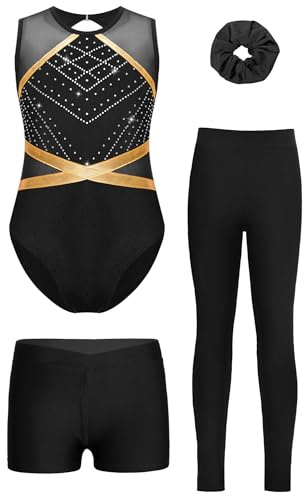 Alvivi 4er Set Mädchen Turnanzug Glitzer Gymnastikanzug mit Hose Shorts Haarband B Schwarz 134-140