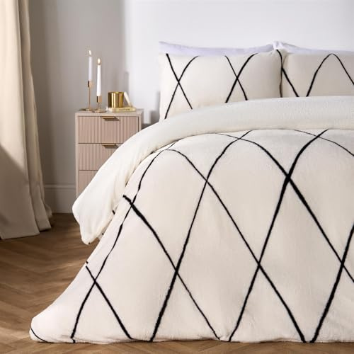 OHS Single Teddy Fleece Duvet Set, Super Soft Winter Warm Luxurious Diamond Check Single Duvet Cover Set Cosy Fluffy Thermal Teddy Bear Bedding with Pillowcase, Monochrome