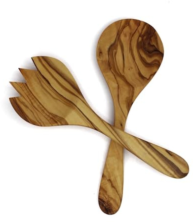 Cartava Lot de 2 couverts à salade en bois d'olivier - 25 cm - Ronds - Fabriqués à la main