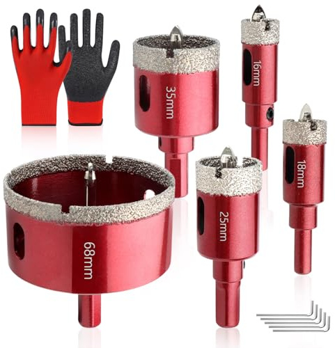 SneiDr Diamantbohrer Fliesen 5tlg Diamant Lochsäge 16 18 25 35 68mm | Fliesenbohrer Zentrierbohrer Dreikantschaft 9.8 Inbusschlüssel Schutzhandschuhe Präzises Bohren Fliesen Marmor Granit Quarz