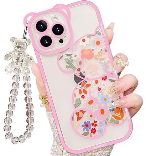 IAIYOXI for iPhone 11 Case with Cute Flowers Bear Pattern, Camera Protector, Clear Phone Case and Lovely Strap Bracelet Chain, Compatible for iPhone 11 for Girls Women (Pink)