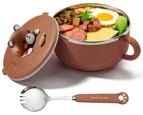 Bol à ramen instantané de 1200 ml avec couvercle et cuillère, bol à nouilles instantané avec poignées, cuiseur à ramen portable passe au micro-ondes pour soupe, pâtes, bento et déjeuner (petit ours)