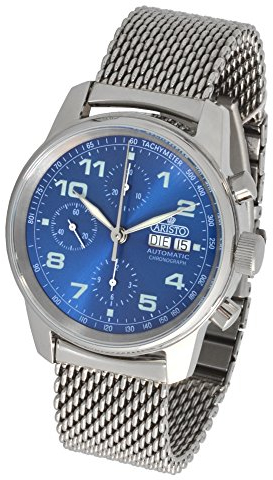 Aristo Herren Automatik Chronograph Armbanduhr 4H174M ETA Valjoux 7750 Milanaise Armband poliert
