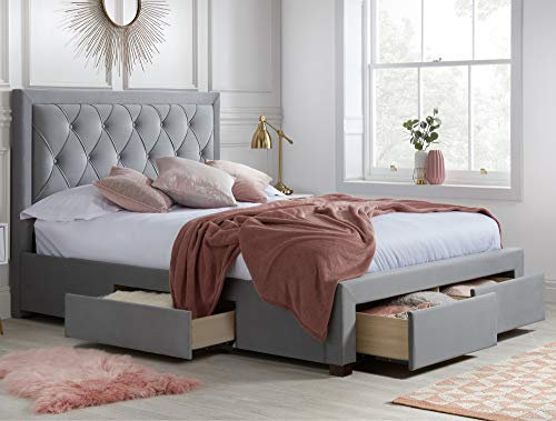 Velvet Storage Bed, Happy Beds Woodbury Grey Fabric Modern 4 Drawer Storage Bed - 4ft6 Double (135 x 190 cm) Frame Only