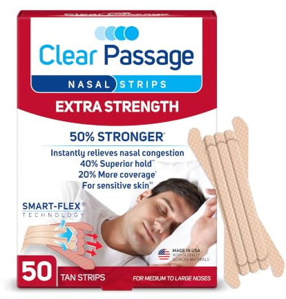 Clear Passage Nasal Strips Extra Strength, Tan, 50 Count | Works Instantly to Improve Sleep, Reduce Snoring, & Relieve Nasal Congestion Due to Colds & Allergies