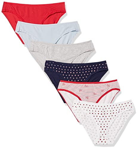 Amazon Essentials Braguita de Estilo Bikini de Algodón - colores interrumpidos Mujer, Pack de 6, Corazones/Multicolor/Rayas, 44