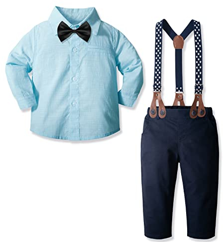 Yilaku Bébé Garçon Vêtements Enfants Costume Bébé Bébé Garçons Vêtements Pantalon Et Chemise Ensemble + Bretelles Noeud Papillon 4Pcs Tenues De Baptême Pour Les Tout-Petits, Bleu Ciel, 9-12 Mois