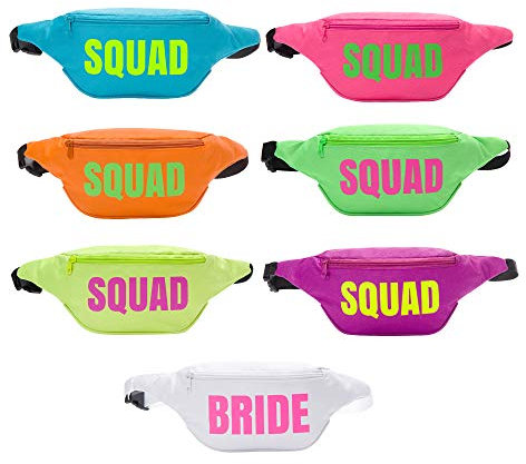 Bachelorette 80er Jahre Bauchtasche Set | 1 Bride Fanny Pack und Squad Fanny Packs | Junggesellinnenabschied Gastgeschenke, 7 Count (Pack of 1)