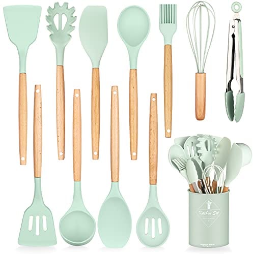 HENSHOW Set Utensili da Cucina in Silicone, 12 Pezzi Con Porta Utensili - Antiaderente AntiGraffio Con Manico in Legno (Verde)