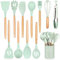 HENSHOW Utensilios de Cocina Silicona, 12 Piezas Juego de Utensilios de Cocina Silicona Incluye Soportes para Utensilios Utensilios de Cocina antiadherentes antiarañazos con Mango de Madera (Verde)