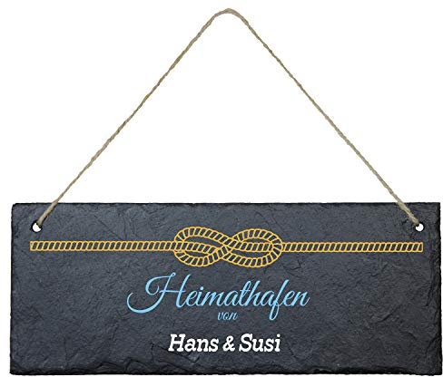 Geschenke 24 Schiefertafel zum Aufhängen Heimathafen (Knotentau, farbig) - Personalisierte Schieferplatte mit Namen und Spruch - Eingangstür Haustür - Deko Maritim, Wanddeko