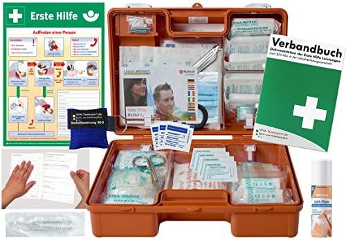Verbandskoffer/Verbandskasten (M) Typ SN -Paket 2- Erste Hilfe nach aktueller DIN 13157 für Betriebe INKL. Verbandbuch + Sprühpflaster & Notfallbeatmung + AUSHANG