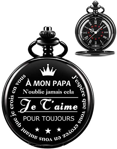 ManChDa gravierte Taschenuhr für Papa-Geschenk, Vintage Steampunk-Taschenuhren mit Kette für Männer, Vatertagsgeschenk, schöne Geschenke für deinen Vater (schwarz)
